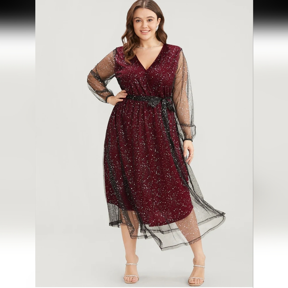 Polka Dot Lantern Sleeve Surplice Neck Mesh Belted Dress Color:Burgundy